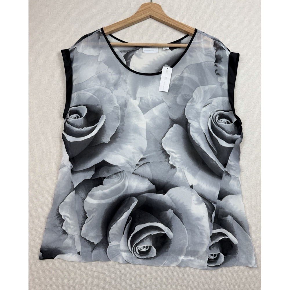 NWT New York & Company Gray Floral Sheer Blouse Top Sz L Triangle Side Panel New